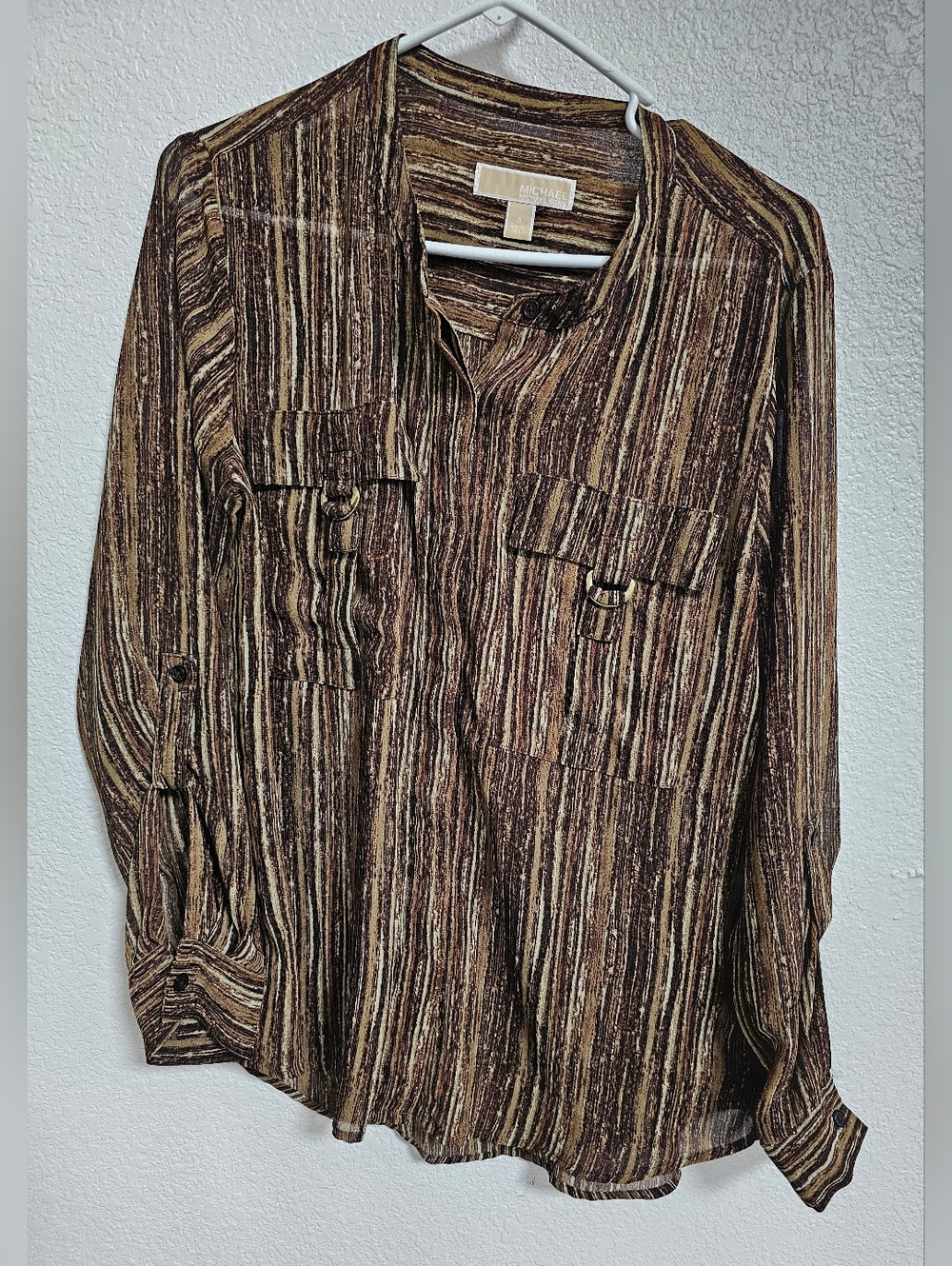 Michael Kors Women Striped Flowy Top Sz 8 shirt BLOUSE Pocket Brown Medium M